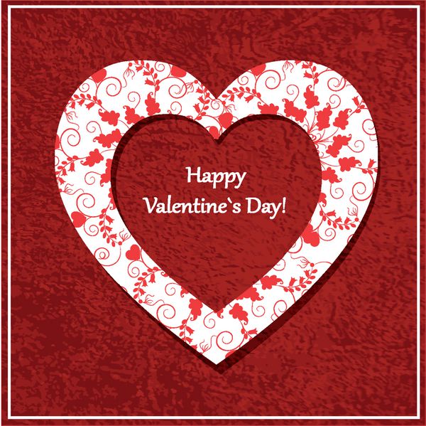 کارت روز ولنتاین قدیمی قلب کاغذی با تزئینات گلدار پس زمینه قرمز گرانج وکتور