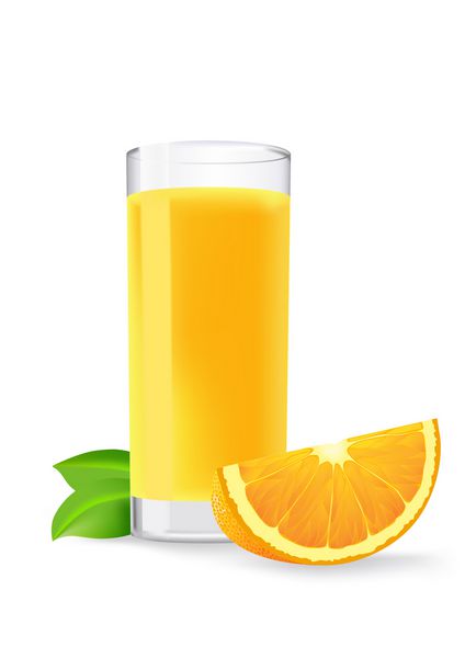 لیوان آب پرتقال و پرتقال در زمینه سفید