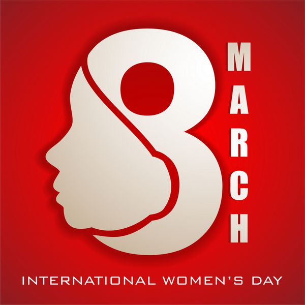 کارت تبریک روز زن یا پس زمینه با تصویر چهره خانم و متن 8 مارس در پس زمینه قرمز