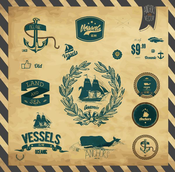 مجموعه ای از برچسب ها نشان ها و نمادهای دریایی قدیمی