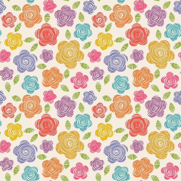 وکتور الگوی بدون درز با گل های ابله ساخته شده با استفاده از شابلون پس زمینه رنگارنگ گل های ناز در دست به سبک کودکانه بکشید تصویر ساده تابستانی انتزاعی بافت زینتی برای چاپ وب