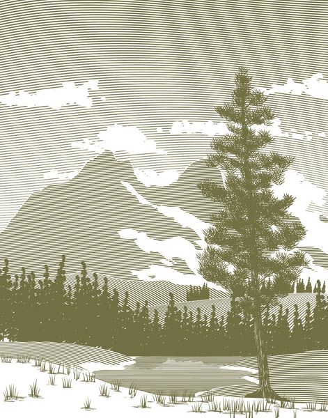 تصویری به سبک چوب‌تراشی از منظره کوهستانی با درخت سرو در پیش‌زمینه
