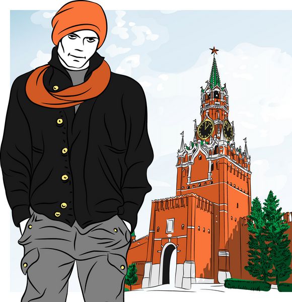 وکتور پسر شیک در پس زمینه برج اسپاسکایا کرملین مسکو روسیه نمایی از میدان سرخ