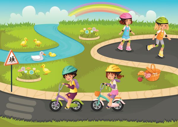 بچه های شاد دوچرخه سواری و اسکیت سواری در پارک