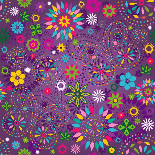 الگوی گل بنفش رنگارنگ بدون درز با گل‌های رنگارنگ پروانه‌ها و دایره‌های تزئینی وکتور