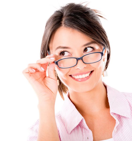 زن متفکر با عینک - جدا شده روی پس زمینه سفید