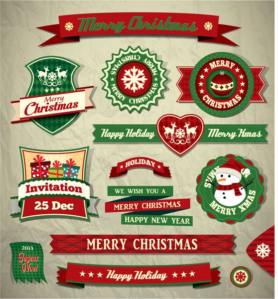 مجموعه ای از برچسب ها نشان ها و نمادهای کریسمس رترو قدیمی