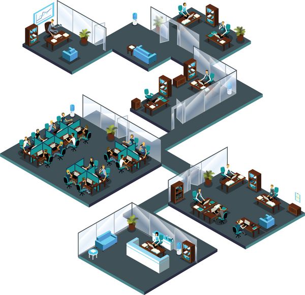 دفتر ایزومتریک سه بعدی با همکاران از بخش های مختلف پذیرش در پذیرش خدمات مشتری مرکز تماس مدیران مدیر مدیر فروش اتاق انتظار اتاق اداری فضای باز