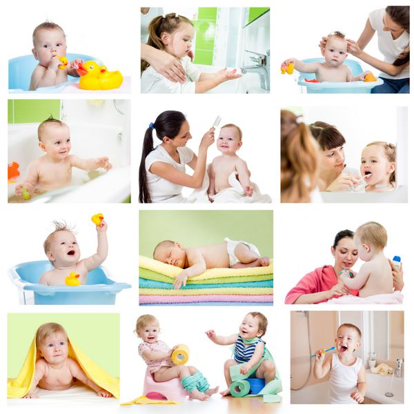 مجموعه ای از نوزادان یا بچه ها در زمان حمام مفهوم بهداشت برای کودکان کوچک