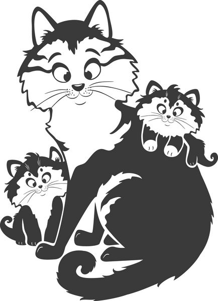 تصویر سیاه و سفید شبح گربه ناز با بچه گربه