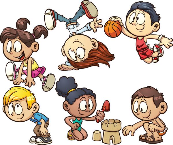 بازی بچه های کارتونی وکتور کلیپ آرت با گرادیان ساده هر کدام در یک لایه جداگانه