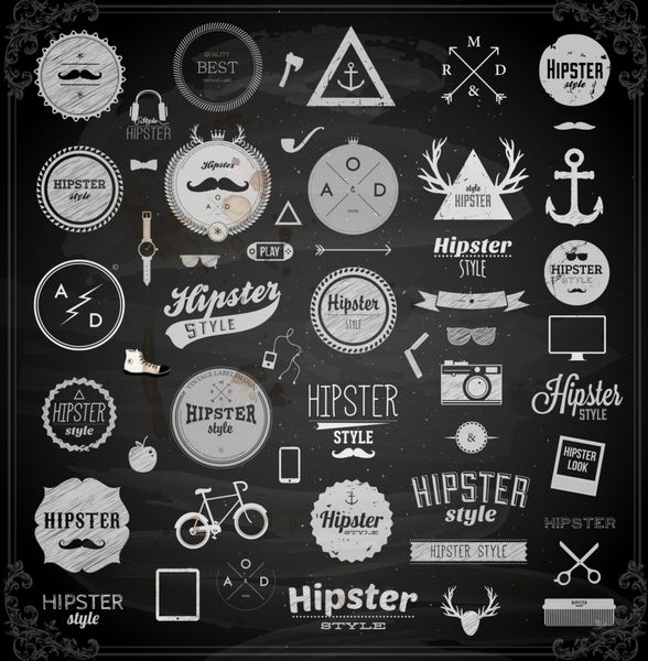 عناصر و نمادهای اینفوگرافیک سبک هیپستر برای طراحی رترو با دوچرخه گوشی عینک آفتابی سبیل پاپیون لنگر سیب و دوربین وکتور نوع تخته سیاه