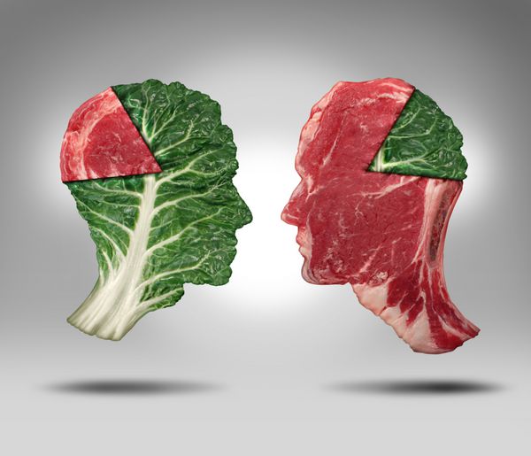 انتخاب‌های غذایی مربوط به تعادل غذایی و سلامتی با سر انسان به شکل برگ کلم سبز سبزی با تکه‌ای گوشت به‌عنوان نمودار پای رو به استیک قرمز مخالف برای تصمیم‌گیری‌های تغذیه‌ای و رژیم غذایی