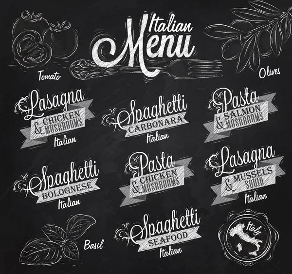 منوی ایتالیایی نام غذاهای اسپاگتی لازانیا ماکارونی کاربونارا بولونیز و سایر مواد گوجه فرنگی ریحان زیتون برای طراحی یک منو طراحی تلطیف شده با گچ روی تخته سیاه
