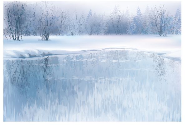 وکتور صحنه زمستانی با پس زمینه رودخانه و جنگل