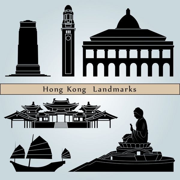نشانه‌ها و بناهای تاریخی هنگ کنگ جدا شده بر روی پس‌زمینه آبی در فایل وکتور قابل ویرایش