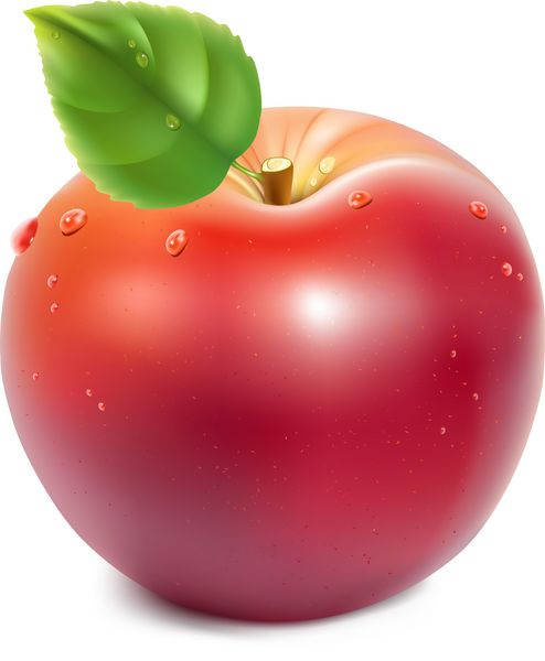 وکتور واقعی از سیب قرمز با برگ سبز و قطرات آب تصویر شامل مش گرادیان است