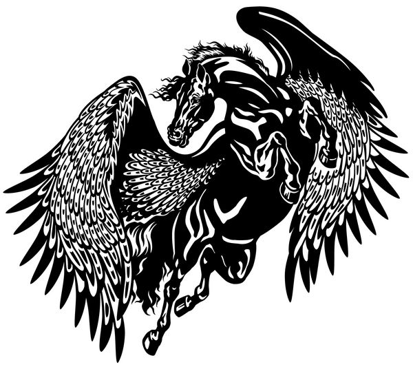 تصویر خالکوبی سیاه و سفید اسب پگاسوس