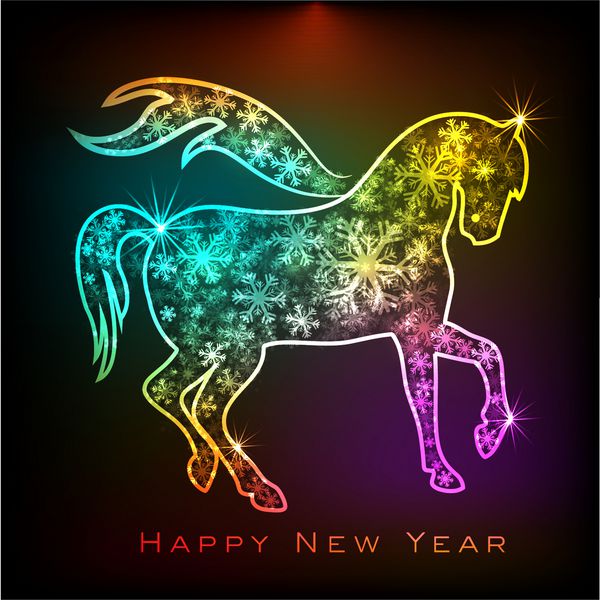 بروشور بنر یا پوستر جشن سال نو 2014 با نماد رنگارنگ چینی اسب سال