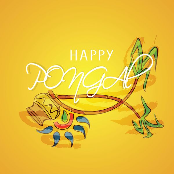 جشن پونگال جشن برداشت محصول در جنوب هند با طرح گل‌دار و نیشکر در زمینه زرد روشن