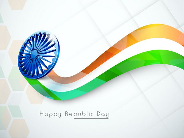 مفهوم روز جمهوری هند مبارک با امواج براق به رنگ پرچم ملی با چرخ آشکا در زمینه خاکستری