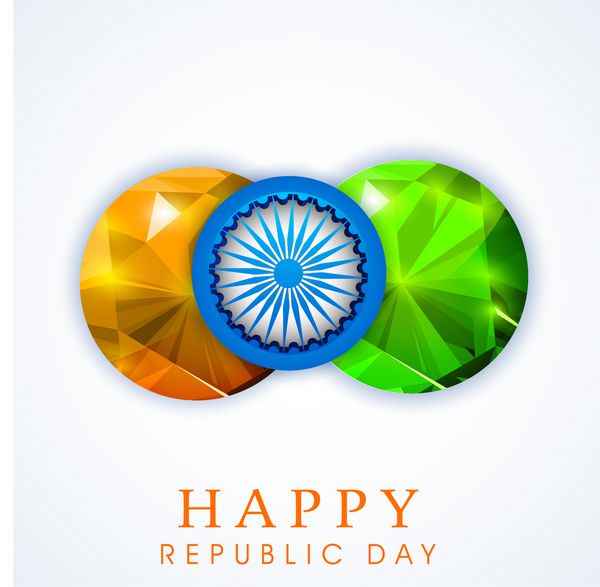 کانسپت روز جمهوری هند با توپ های براق کریستالی به رنگ زعفرانی و سبز و چرخ آشکا در زمینه خاکستری مبارک