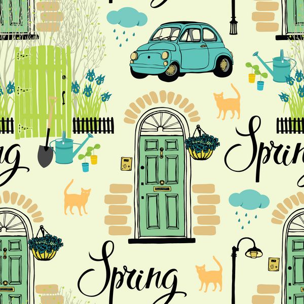 باغ بهاری و زنبق های شکوفه گربه ها و ماشین ها خوشنویسی