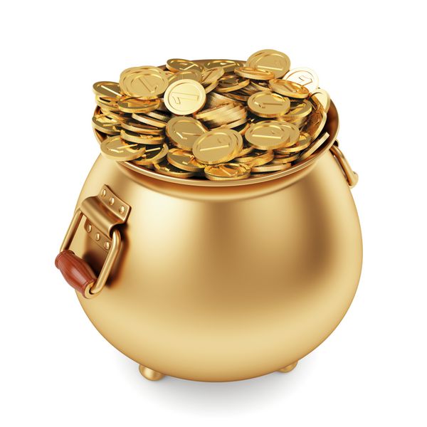 گلدان رندر سه بعدی از سکه های طلا جدا شده روی سفید