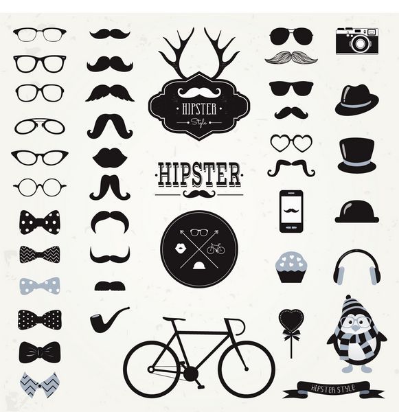 مجموعه نمادهای وکتور قدیمی سیاه و سفید Hipster سبیل کلاه نشان برچسب مجموعه دوچرخه