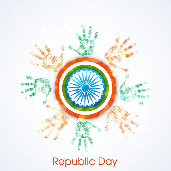 مفهوم روز جمهوری هند مبارک با دستان انسان در رنگ پرچم ملی و چرخ آشوکا در پس زمینه آبی