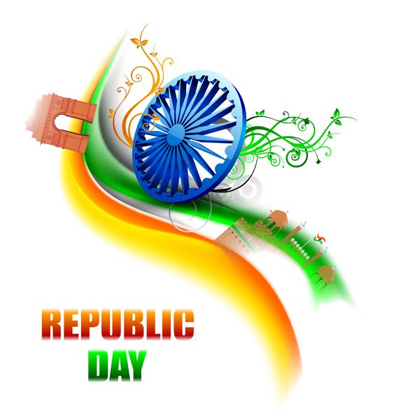 مفهوم روز جمهوری هند مبارک با چرخ آشوکا شیک در پس زمینه موج رنگ پرچم ملی