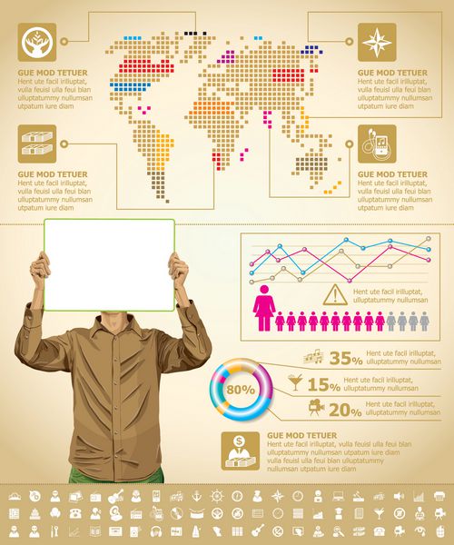 اینفوگرافیک وکتور با مرد تجاری نقشه زمین و نمادهای وب و عناصر مفید برای هر گونه تجسم