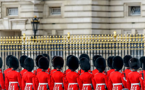 لندن بریتانیا - 08 مه 2013 نگهبانان سلطنتی در کاخ باکینگهام در طول افتتاحیه ایالتی پارلمان