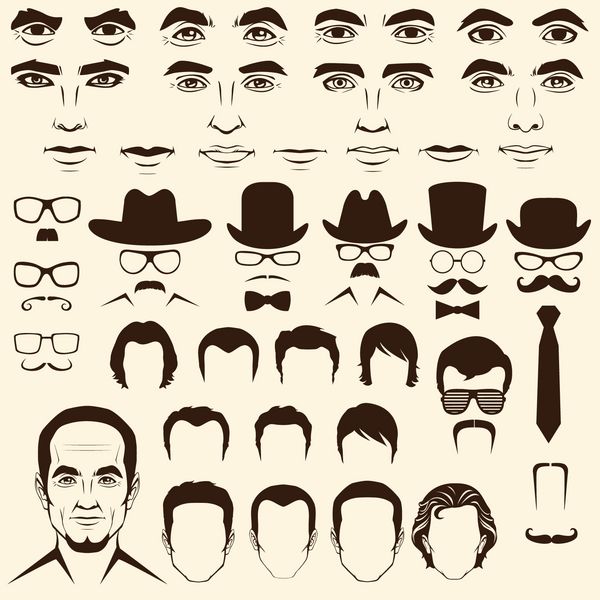 وکتور چشم مردانه سبیل عینک کلاه لب و مو اجزای صورت شخصیت سر