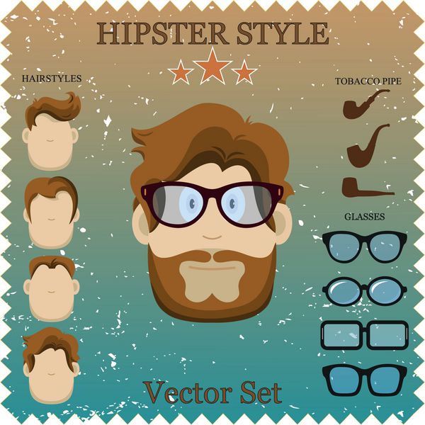 وکتور شخصیت Hipster با عناصر و نمادهای Hipster مجموعه وینتیج برای طراحی شما پس زمینه مفهومی