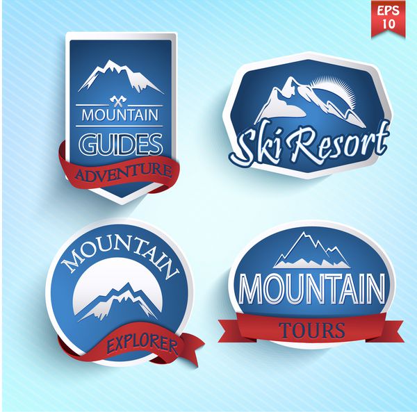 مجموعه آیکون های کوه کوهنوردی کوهنورد مجموعه برچسب های پیست اسکی بردار