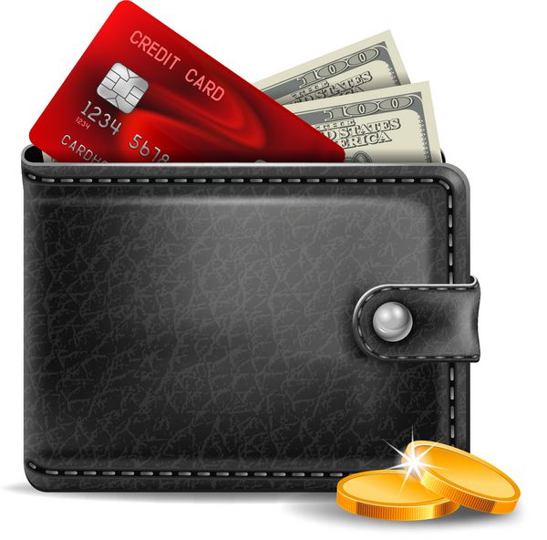 کیف پول چرمی مشکی با کارت اعتباری و پول