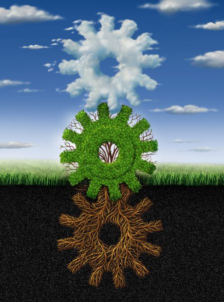 مفهوم طبیعت محیط زیست متصل و استعاره انرژی های تجدیدپذیر به عنوان ریشه گیاه درخت و ابرها به شکل گروهی از چرخ دنده ها و چرخ دنده هایی که با هم کار می کنند به عنوان نمادی از همکاری شبکه های صنعتی