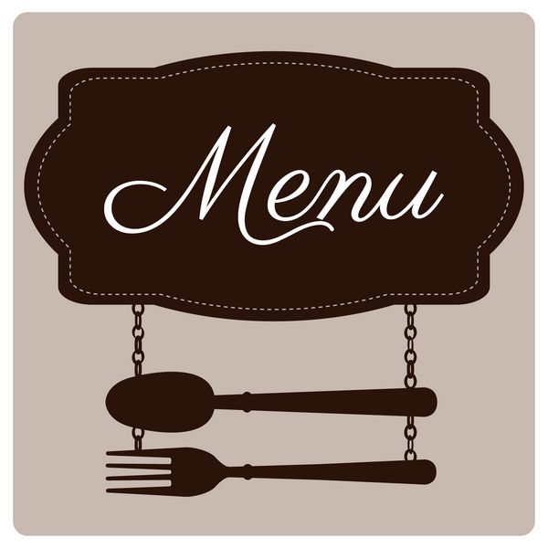طراحی منوی رستوران با تابلوی رترو و آویزان کارد و چنگال