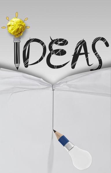 لامپ مداد سه بعدی با طناب کشی کاغذ چروک باز طرح گرافیکی کلمه IDEA را به عنوان مفهوم نشان می دهد