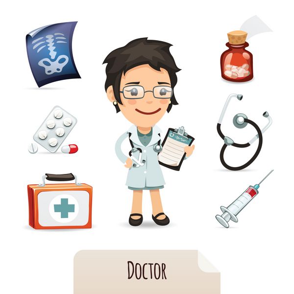 ست پزشکی با پزشک خانم در فایل EPS هر عنصر به طور جداگانه گروه بندی می شود جدا شده در پس زمینه سفید