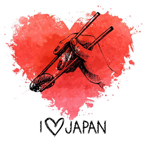 تصویر طرح سوشی با دست کشیده شده با قلب آبرنگ من ژاپن رادوست دارم