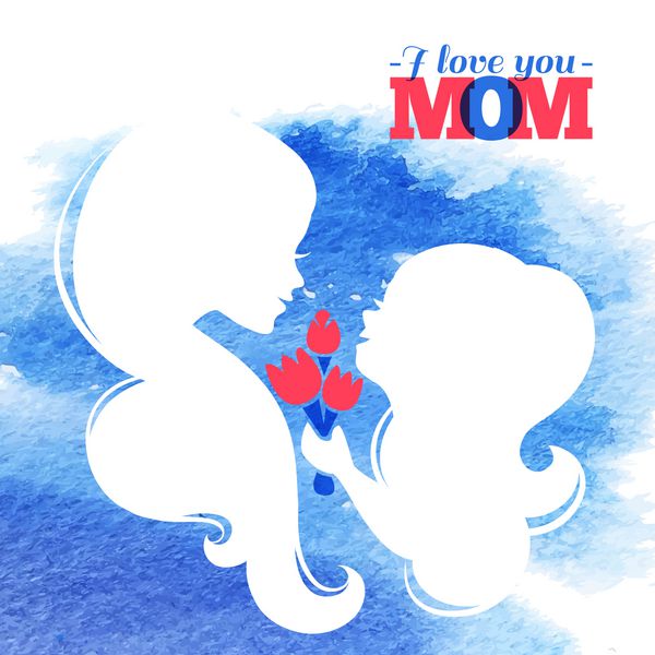 کارت تبریک روز مادر سیلوئت زیبای مادر با دخترش و گلها پس زمینه آبرنگ