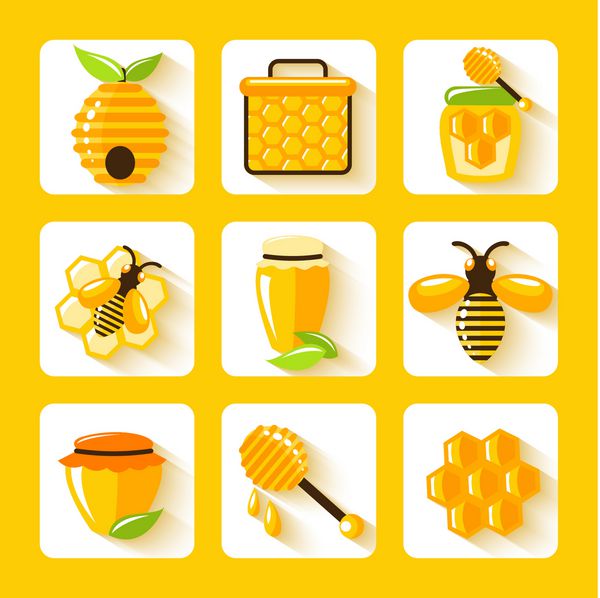عسل شانه کندو زنبور عسل و آیکون‌های مسطح کشاورزی مواد غذایی سلولی مجموعه وکتور جدا شده