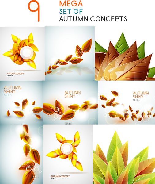 وکتور مجموعه طرح برگ های پاییزی برگ های پرنده نارنجی انتزاعی پاییز مفاهیم طبیعت اکو