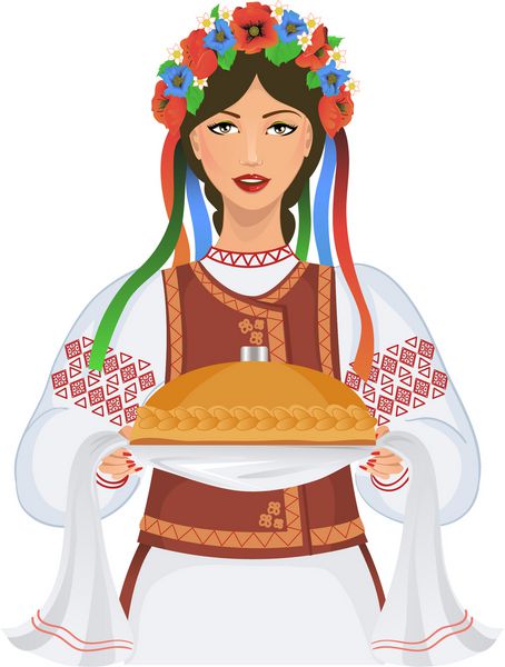 زن جوان با لباس اوکراینی با حلقه گل و نان گرد