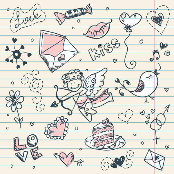 صفحه دفترچه یادداشت روز ولنتاین Doodle با طرح عشق