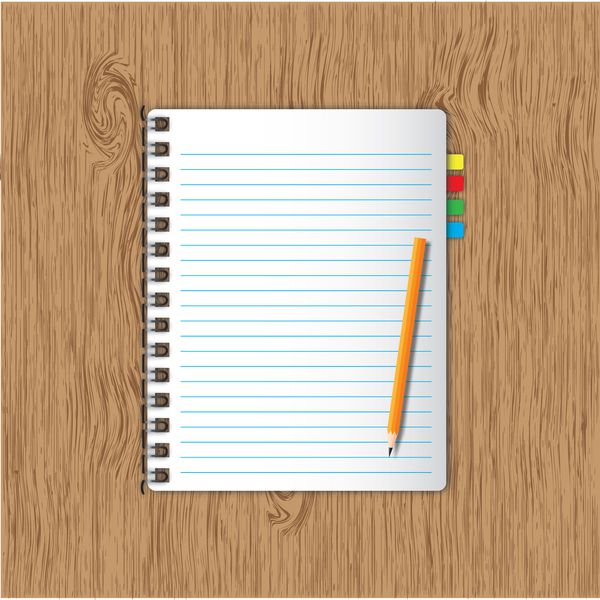 دفترچه یادداشت و نشانک صفحه جدید مداد روی پس زمینه چوبی