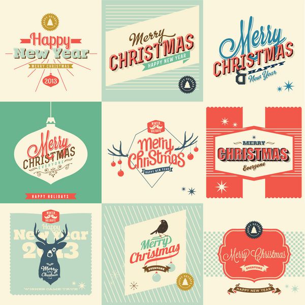 9 کارت کریسمس مدل قدیمی - مجموعه ای از عناصر خوشنویسی و تایپوگرافی قاب ها برچسب های قدیمی روبان برچسب - همه برای کریسمس