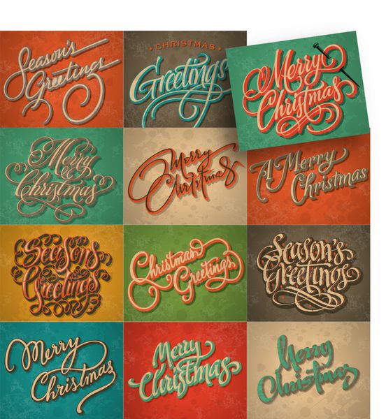 مجموعه 12 کارت رترو کریسمس وکتور تمام متون با حروف دستی - خوشنویسی دست ساز افکت گرانج در لایه جداگانه